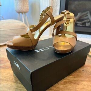 Coach Wendell Classic Cognac Leather Heeled Sandals - Size 7.5